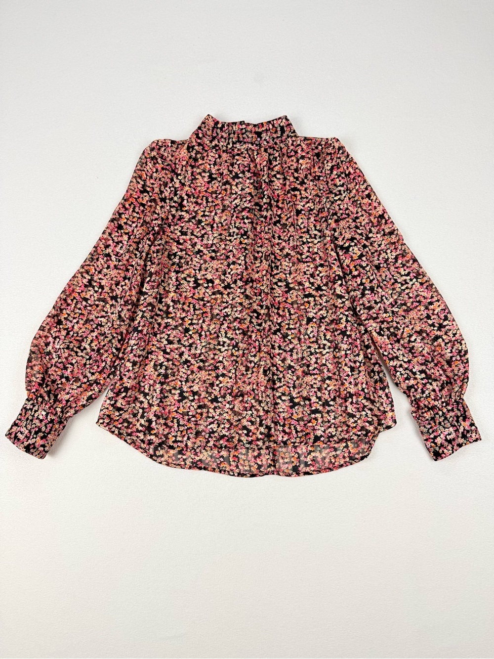 H&M Pink Micro Floral Blouse High Neck Puff Sleeve Cottagecore Top Size Small
